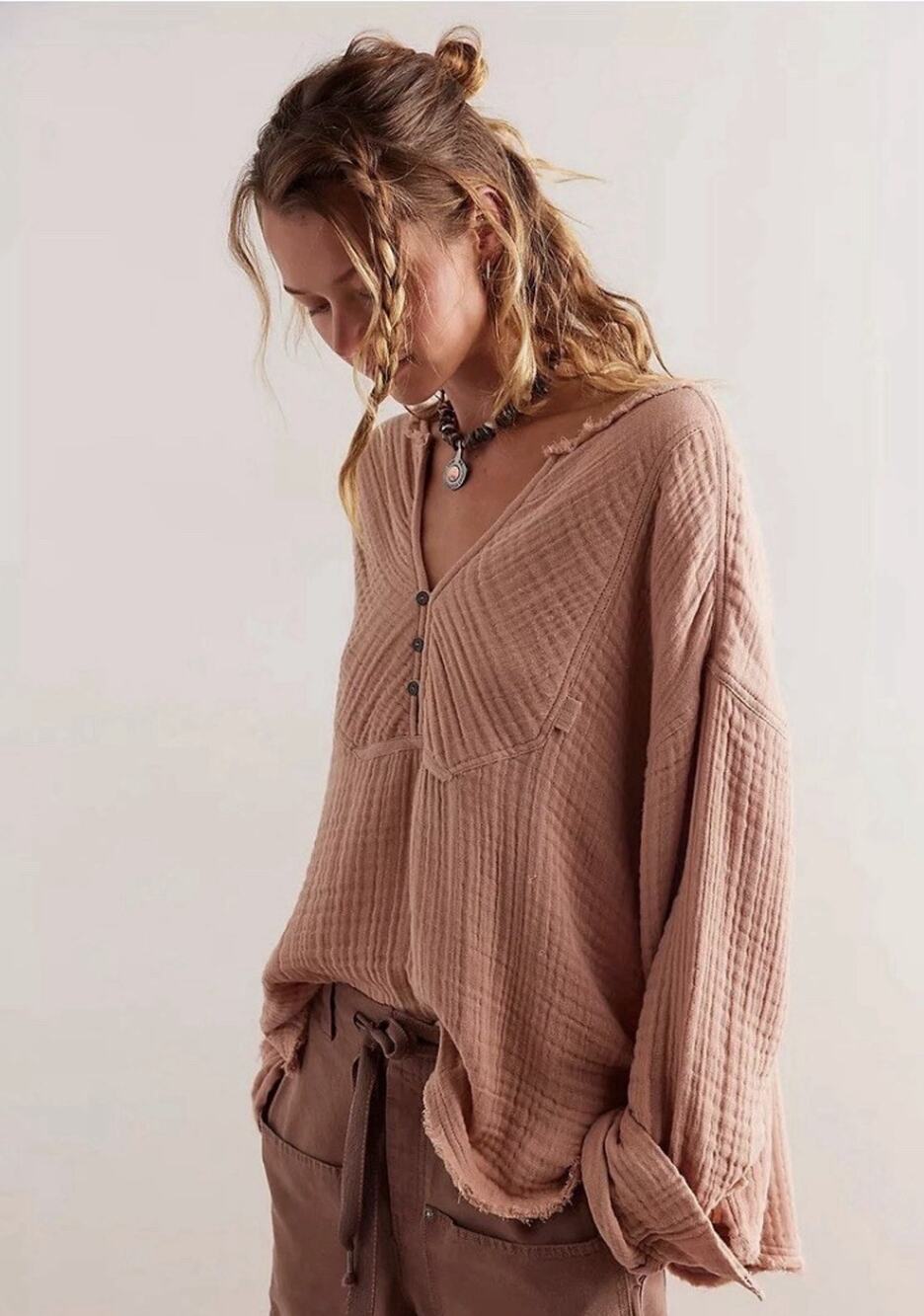 Free People Sz S Orange Easy Sunday LS Gathered Gauze Curved Btn Tunic